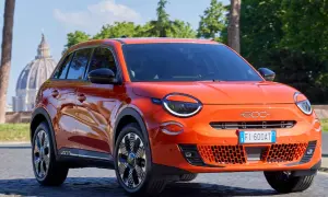 Pomarańczowy Fiat 600 na tle rzymskiej kopuły. Sprawdź atrakcyjną fiat 600 cena!