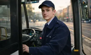 Młody kierowca autobusu, dumny ze swojego nowego prawa jazdy kat D, siedzi za kierownicą.