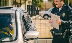 Policjant konfrontuje kierowcę po ucieczce z miejsca kolizji. Mężczyzna w okularach przeciwsłonecznych siedzi w samochodzie, podczas gdy funkcjonariusz trzyma teczkę.