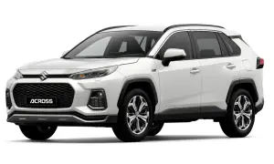 Biały Suzuki Across z czarną atrapą chłodnicy i napisem "ACROSS". Stylowy SUV gotowy na każdą podróż.