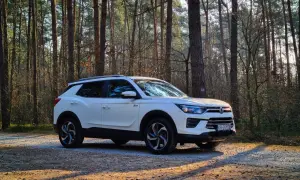 Biały SsangYong Korando zaparkowany na leśnej drodze, otoczony przez wysokie sosny. Światło przebija się przez drzewa, tworząc ciekawe cienie na ziemi.