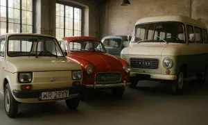 Kolekcja klasycznych, polskich marek samochodów: Fiat 126p, Syrena i Nysa.