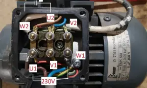 Schemat podłączenia silnika 3 fazowego do 230V, pokazujący jak zmienić obroty silnika przez odpowiednie połączenie uzwojeń U1, V1, W1 i U2, V2, W2 z kondensatorem C.