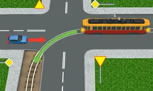 Na skrzyżowaniu, kiedy tramwaj ma pierwszeństwo, niebieski samochód musi ustąpić mu drogi, zgodnie z zieloną strzałką.