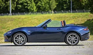 Granatowy roadster z brązowymi zagłówkami, zaparkowany na tle zielonej skarpy i drzew.