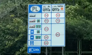 Znak informuje o ograniczeniach prędkości w Polsce dla różnych typów pojazdów i dróg.