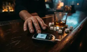 Mężczyzna z cukrzycą mierzy poziom glukozy. Obok szklanka whisky i kostki cukru, sugerujące śmiertelna dawka alkoholu we krwi.