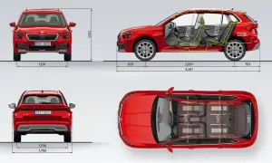 Szczegółowe skoda kamiq wymiary: wysokość 1531 mm, szerokość 1793 mm, długość 4241 mm. Wnętrze oferuje 1051 mm miejsca na nogi z przodu i 1003 mm z tyłu.