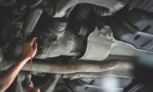 Ręka mechanika sprawdza olej w skrzyni biegów samochodu.