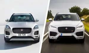 Dwa białe Jaguar SUV-y: jeden statycznie na białym tle, drugi w ruchu na drodze.