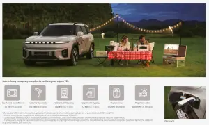 SsangYong Torres EVX zasila piknik: para cieszy się wieczorem przy grillu, a samochód zasila projektor i inne urządzenia.