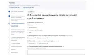 Formularz PCC-3(6) online, sekcja C: przedmiot opodatkowania i treść czynności cywilnoprawnych. Wypełnianie deklaracji podatku od czynności cywilnoprawnych, np. przy zakupie samochodu.