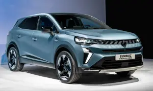 Nowoczesny, błękitny samochód koncepcyjny Renault Symbioz E-Tech Full Hybrid, prezentujący innowacyjną symbiozę technologii i designu.