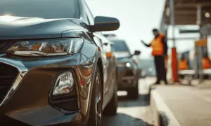 Ciemnoszare auto 6 osobowe czeka w kolejce do punktu poboru opłat. Pracownik w kamizelce odblaskowej kieruje ruchem.