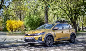 Złoty Dacia Sandero Stepway zaparkowany na brukowanej drodze, otoczony zielenią i kwitnącym krzewem.