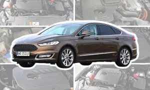 Brązowy Ford Mondeo MK5, z widocznym silnikiem hybrydowym i EcoBoost.