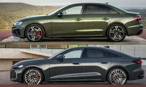 Dwa Audi: zielone A4 i ciemnoszare Audi A5 2025, porównanie stylistyki.