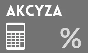 Kalkulator i znak procentu na szarym tle. Tekst "AKCYZA" sugeruje, że chodzi o podatek akcyzowy, być może związany z zakupem BMW F45.