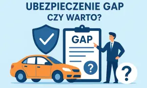 Ubezpieczenie GAP: czy warto? Pomarańczowy samochód, tarcza z haczykiem, dokument z napisem GAP i mężczyzna wskazujący na niego.