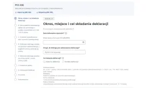 Formularz PCC-3(6) - Okres, miejsce i cel składania deklaracji. Wpisz datę dokonania czynności, wybierz urząd skarbowy.