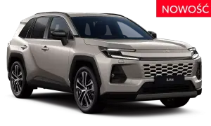 Nowy, beżowy Toyota RAV4 z nowoczesnym grillem i światłami LED. Czerwony napis "NOWOŚĆ" informuje o premierze.