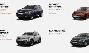 Nowy Dacia Bigster 2025 w kolorze granatowym, obok Dacia Spring i Duster.