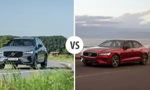 Szary Volvo XC60 na krętej drodze kontra czerwone Volvo S60 nad morzem.
