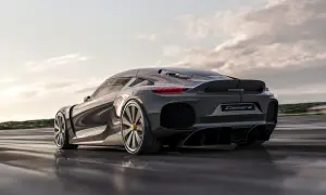 Szary Koenigsegg Gemera na mokrej nawierzchni. Zastanawiasz się nad Koenigsegg Gemera cena?