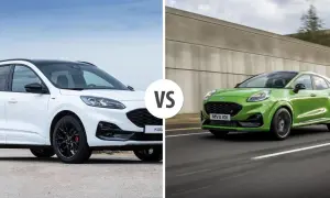 Biały Ford Kuga i zielony Ford Puma, dwa stylowe SUV-y, gotowe do jazdy.