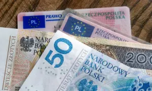 Polskie prawo jazdy i banknoty 50 zł, 200 zł na drewnianym tle.