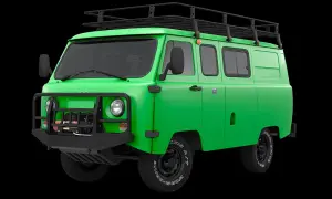 Zielony van UAZ z bagażnikiem dachowym i wyciągarką, gotowy na przygodę. Ta marka samochodu na u to symbol wytrzymałości.