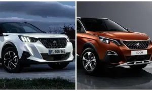 Dwa modele Peugeot SUV: biały z przodu i pomarańczowy z boku, prezentujące nowoczesny design.