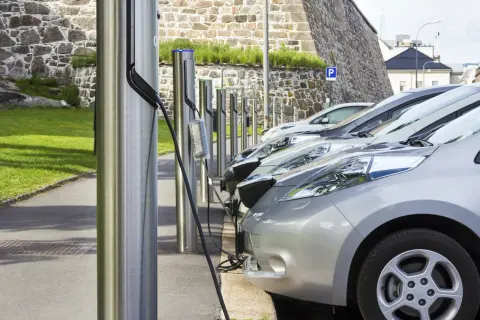 Rząd samochodów elektrycznych podłączonych do ładowarek na tle kamiennego muru.