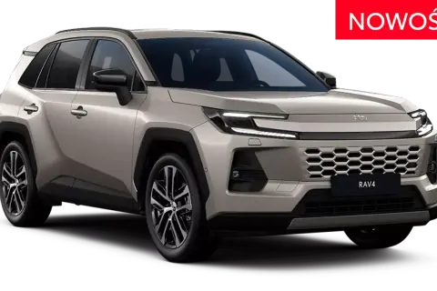 Nowy, beżowy toyota jeep RAV4 z nowoczesnym grillem i światłami LED. Czekamy na tę nowość!