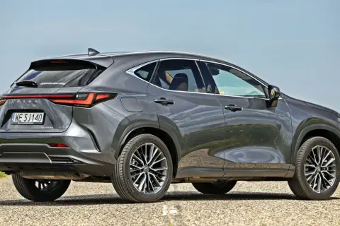 Szary Lexus NX 450h+ na drodze, obok pola rzepaku. Sprawdź aktualną lexus nx cena.
