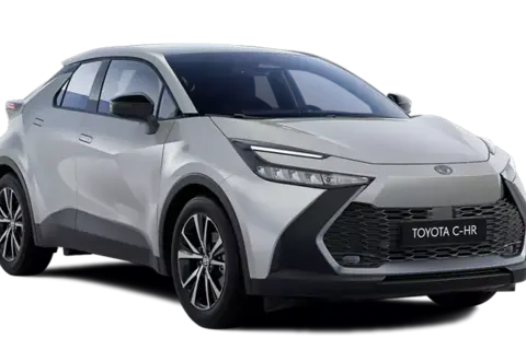 Nowy, srebrny suv Toyota C-HR z czarnymi akcentami i nowoczesnymi światłami.