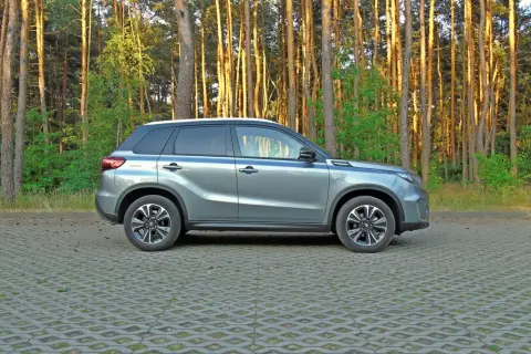 Szary Suzuki Vitara Hybrid zaparkowany na tle sosnowego lasu.