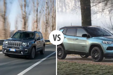 Dwa jeep suv: ciemny Renegade na drodze i jasny Compass na tle drzew.