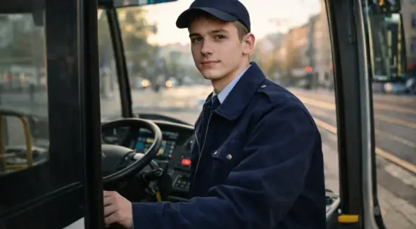 Młody kierowca autobusu, dumny ze swojego nowego prawa jazdy kat D, siedzi za kierownicą.