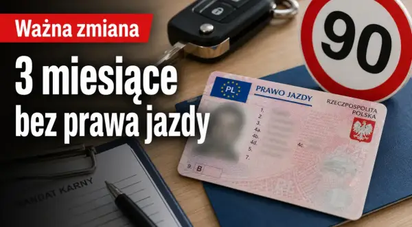 Kluczyki, prawo jazdy i znak 90. Na pierwszym planie formularz "Mandat karny". Grozi 3 miesiące bez prawa jazdy.