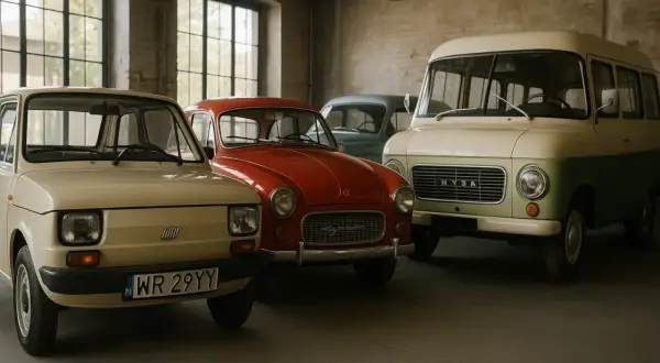 Kolekcja klasycznych, polskich marek samochodów: Fiat 126p, Syrena i Nysa.