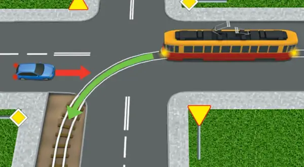 Na skrzyżowaniu, kiedy tramwaj ma pierwszeństwo, niebieski samochód musi ustąpić mu drogi, zgodnie z zieloną strzałką.