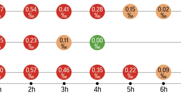 Wykres pokazuje czas trzeźwienia po alkoholu, ilustrując spadające stężenie promili we krwi w zależności od upływu godzin.