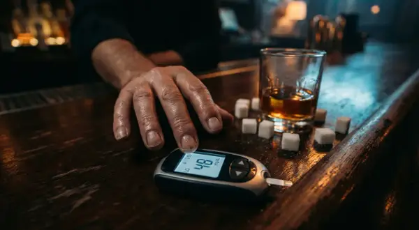 Mężczyzna z cukrzycą mierzy poziom glukozy. Obok szklanka whisky i kostki cukru, sugerujące śmiertelna dawka alkoholu we krwi.