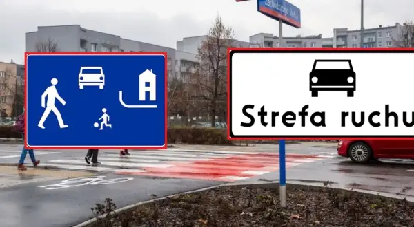 Znak D52 informuje o strefie zamieszkania, gdzie piesi mają pierwszeństwo. Obok znak "Strefa ruchu" z samochodem.