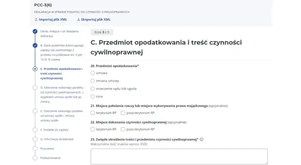 Formularz PCC-3(6) online, sekcja C: przedmiot opodatkowania i treść czynności cywilnoprawnych. Wypełnianie deklaracji podatku od czynności cywilnoprawnych, np. przy zakupie samochodu.