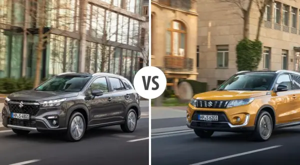 Szary i żółty suzuki suv jadące po ulicach miasta.