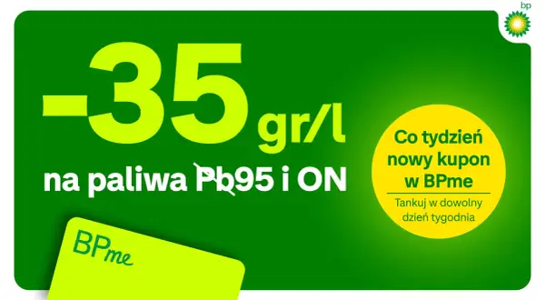 BP promocja: -35 gr/l na paliwa Pb95 i ON. Co tydzień nowy kupon w BPme. Tankuj w dowolny dzień tygodnia.