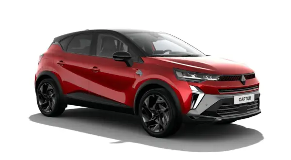 Czerwony Renault Captur z czarnym dachem, nowoczesnym designem i felgami. Wiele pozytywnych renault captur opinie o tym modelu.