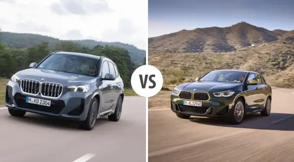 Dwa BMW X2 na drodze, jedno szare z przodu, drugie zielone z tyłu, w scenerii górskiej.
